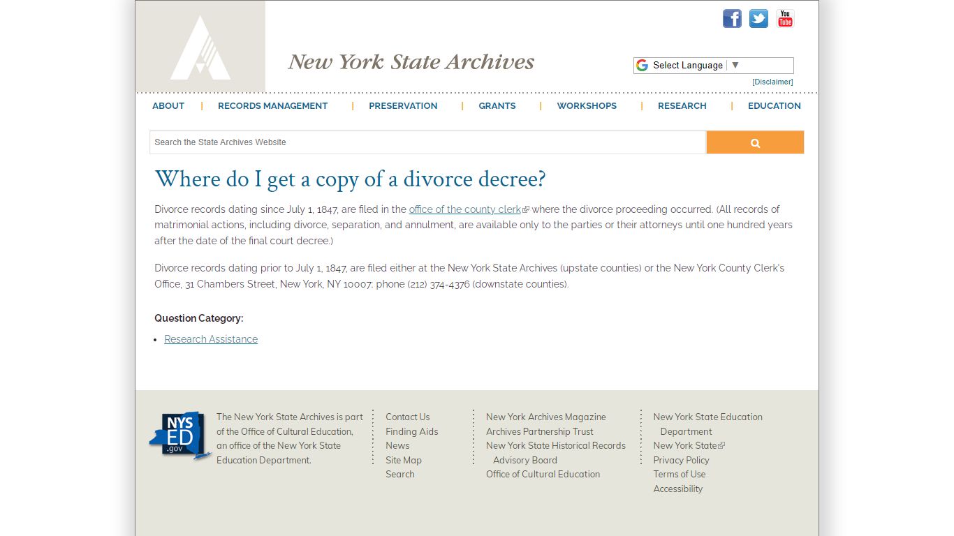 Where do I get a copy of a divorce decree? - New York State Archives